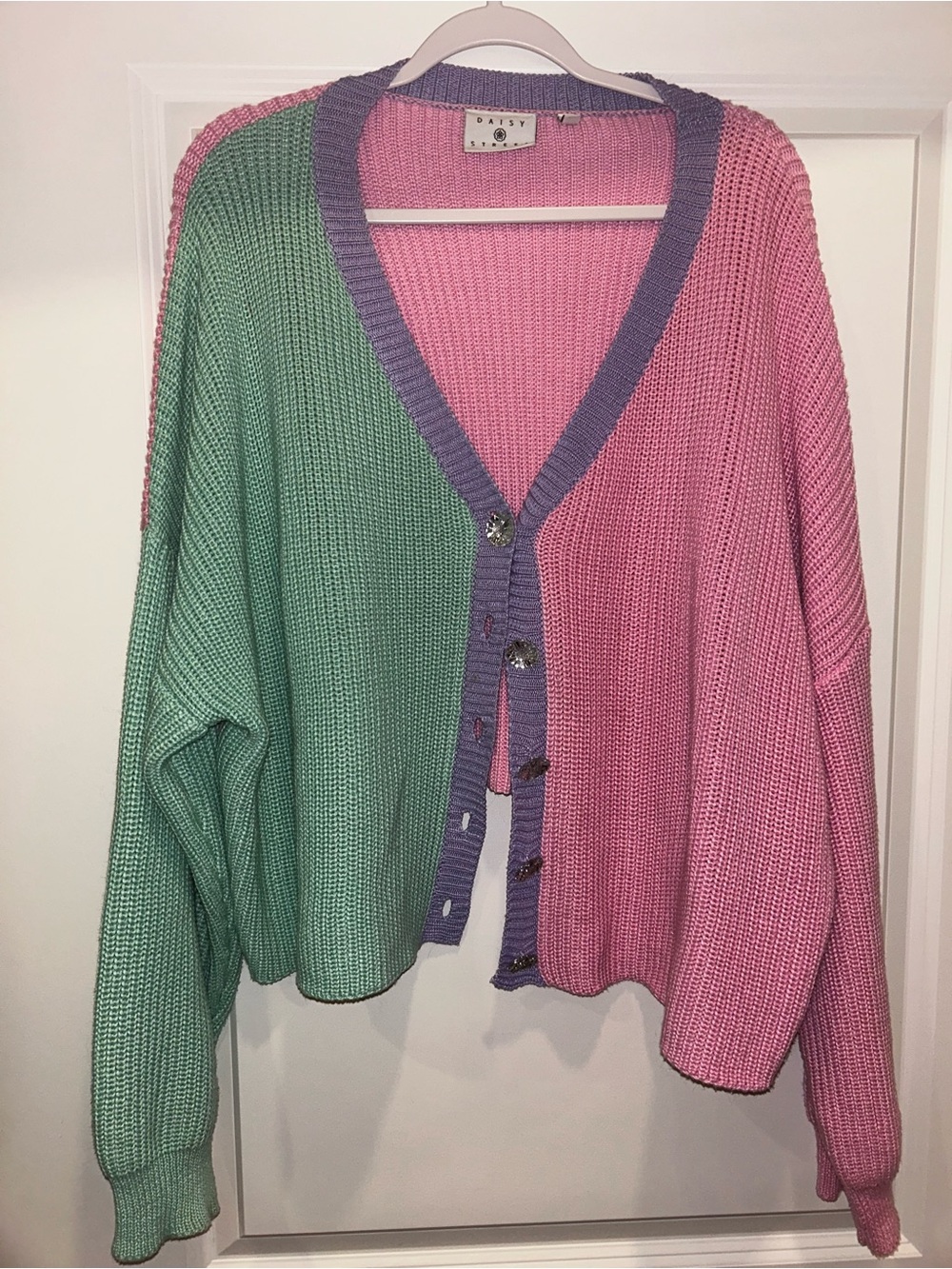 Daisy Pastel Pink & Mint Green Colorblock Cardigan with Lavender Trim